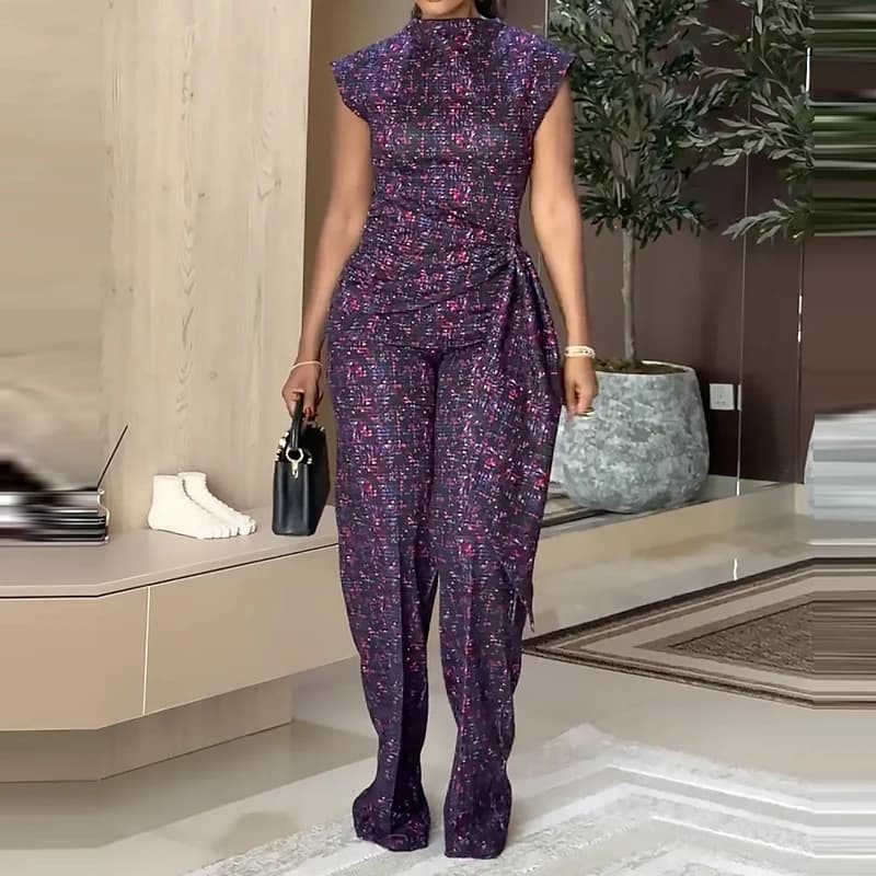 Completo estivo da donna a due pezzi, elegante e casual, per il tempo libero o feste, con top viola vintage stampato con lacci e pantaloni.
