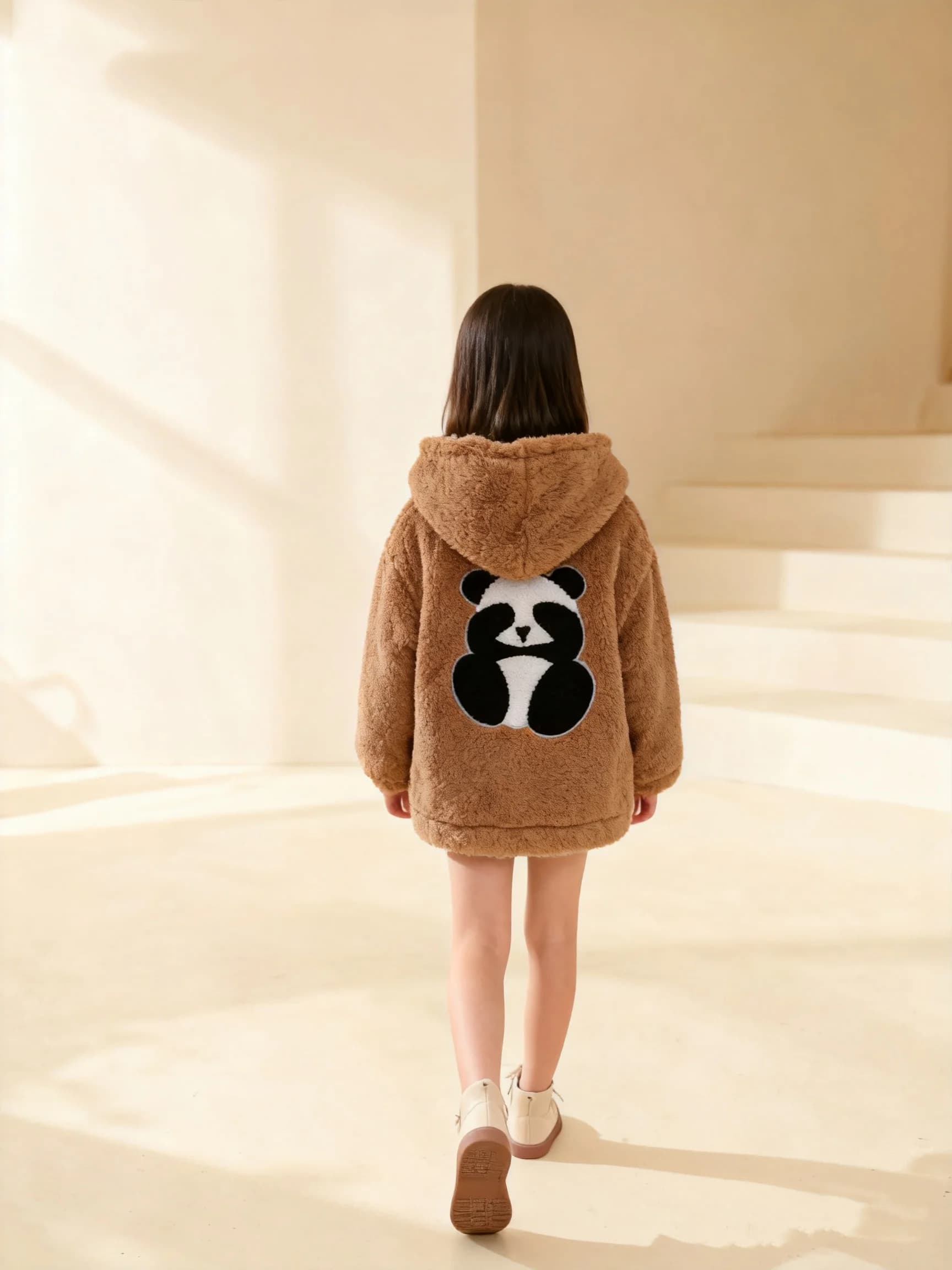 Nuova giacca con tasca in peluche a maniche lunghe da ragazza autunno e inverno Giacca con cappuccio casual con cappuccio con cerniera Panda cartone animato
