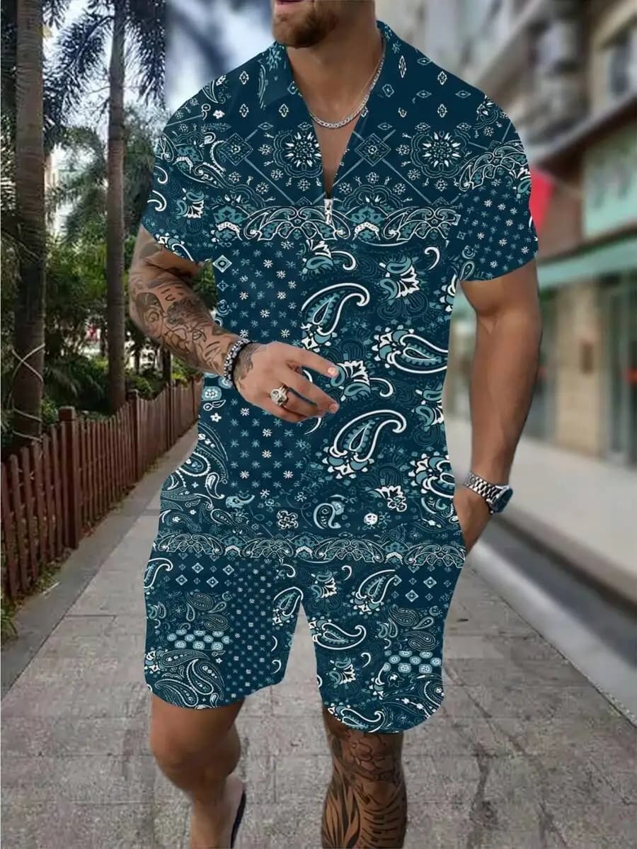 Men's Summer Casual Paisley Bandana Print Zip Polo Shirt Shorts Set Beach Vacation Outfit Adults Men Street Style Casual Wear