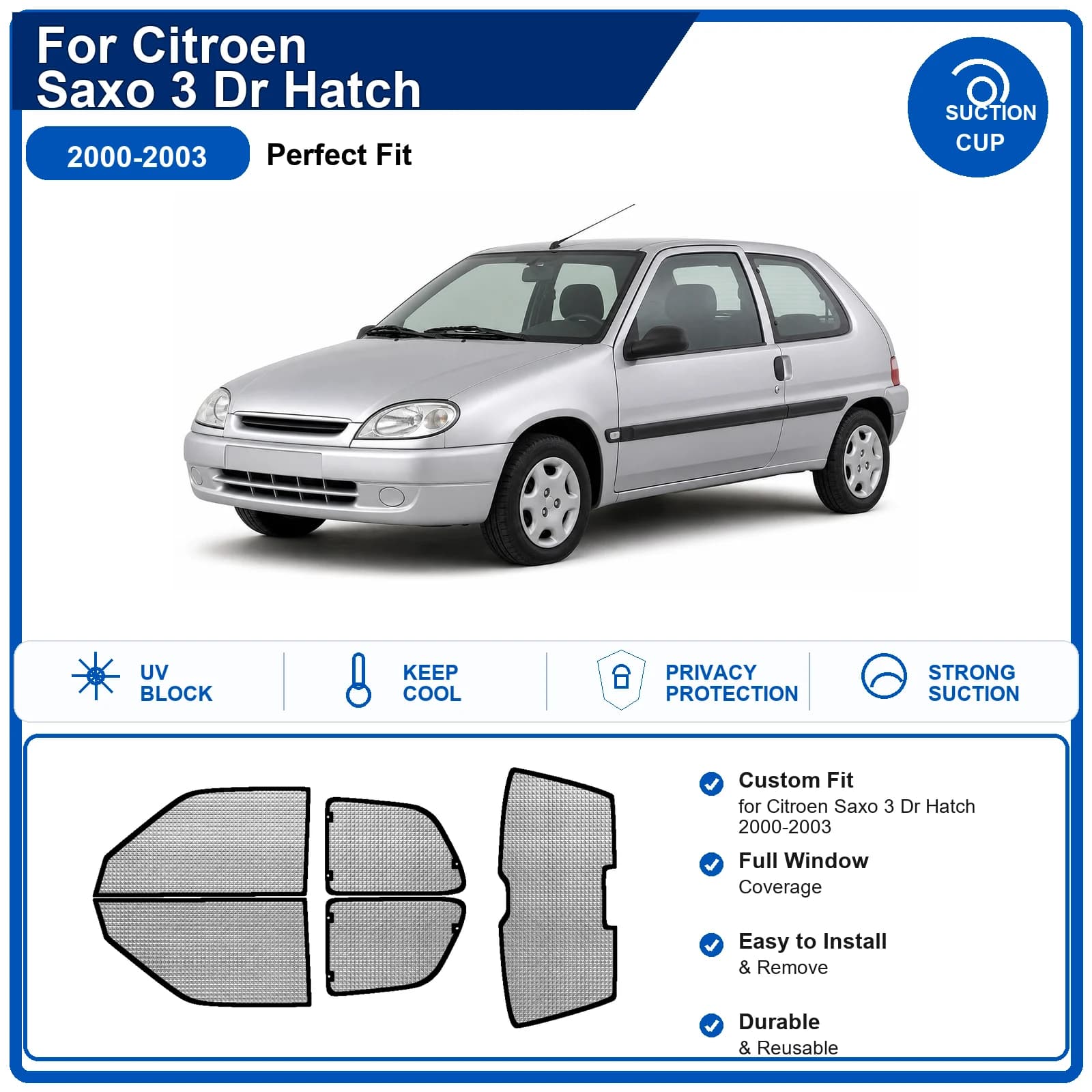 For Citroen Saxo 3 Dr Hatch 2000-2003 Custom Full Set Windshield Sun Shade Aluminum Foil Heat Insulation Anti UV Foldable