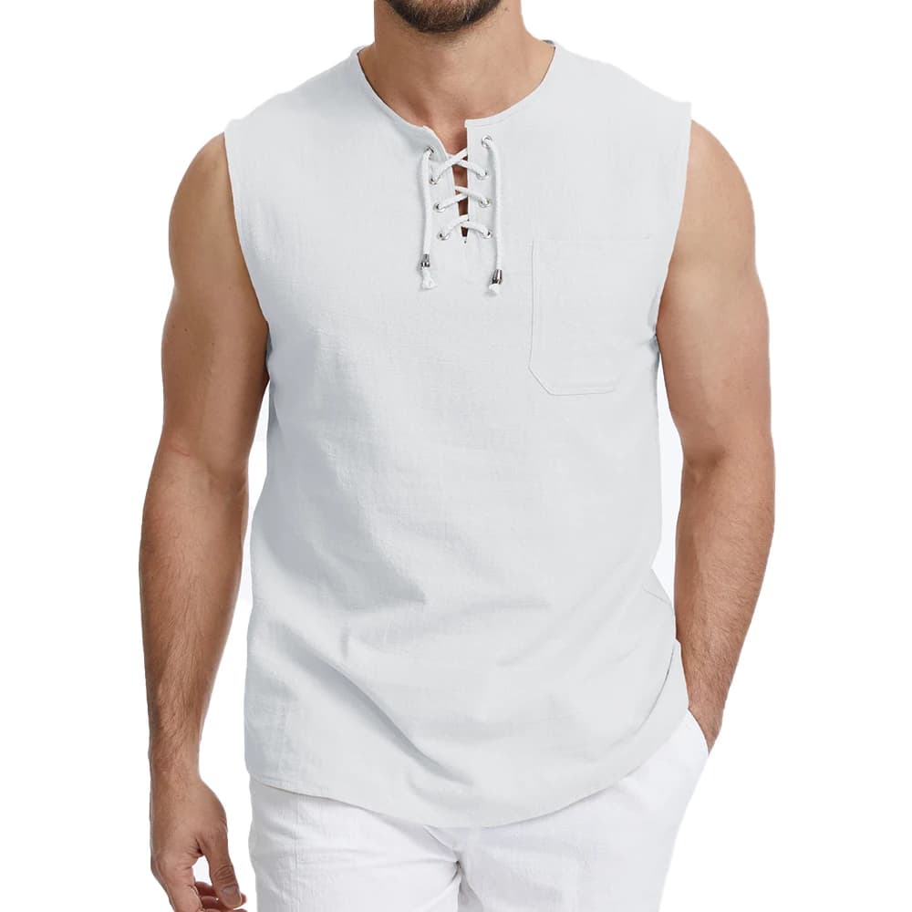 Canotte da uomo in cotone e lino, traspiranti, leggere e comode, senza maniche, con scollo a V, eleganti, tinta unita, stile semplice, per l'estate