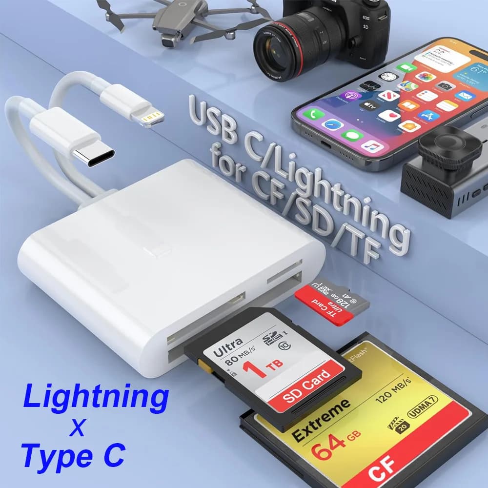Lettore di schede SD 3 in 1 Scheda di memoria Lightning da tipo C a SD/TF/CF per iPhone 16 iPad MacBook Samsung Xiaomi Lettore di schede multi intelligente