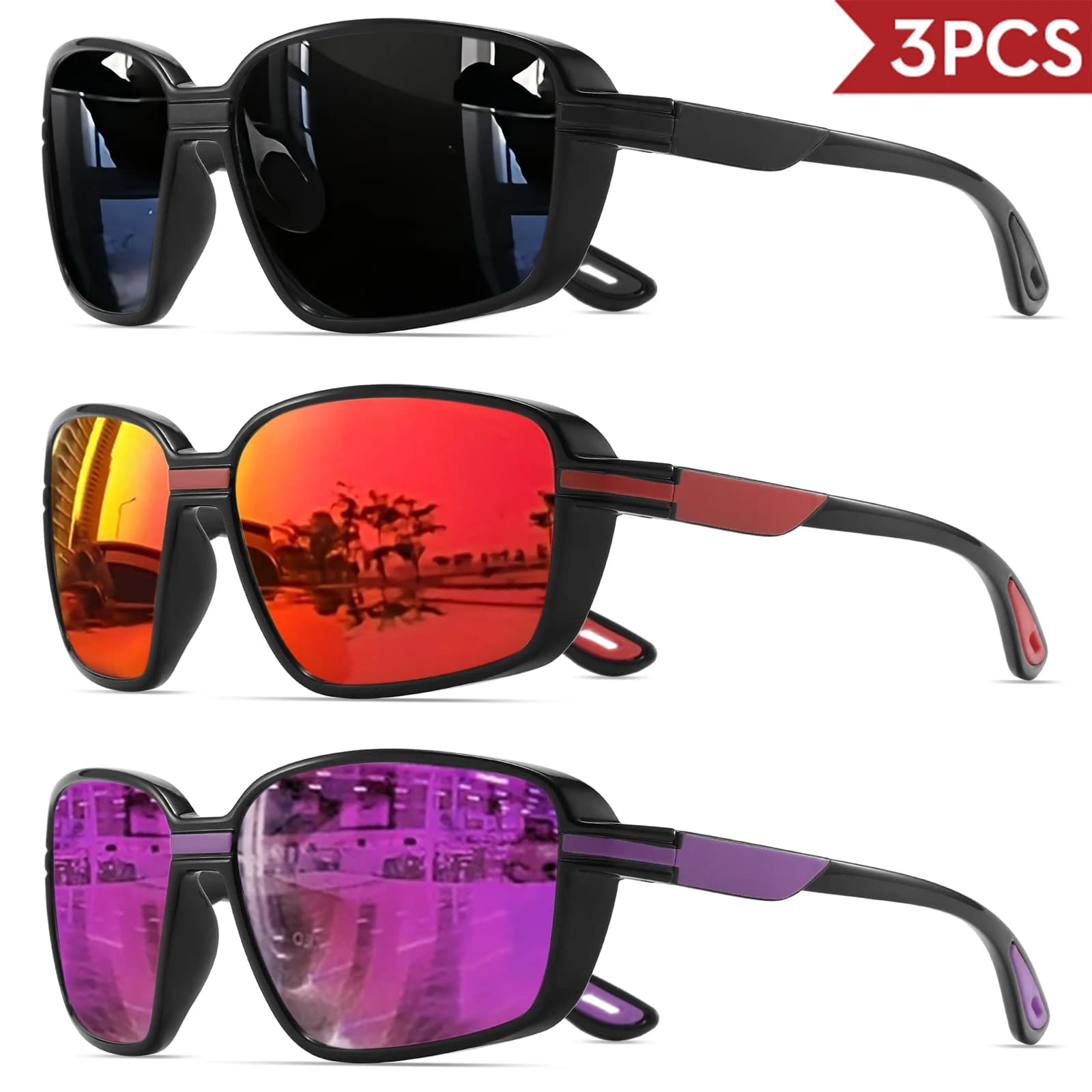 3PCS Classic Square Retro Polarized Sports Sunglasses - Oversized Wraparound Frame, UV400 for Fishing, Running, Hiking & Travel