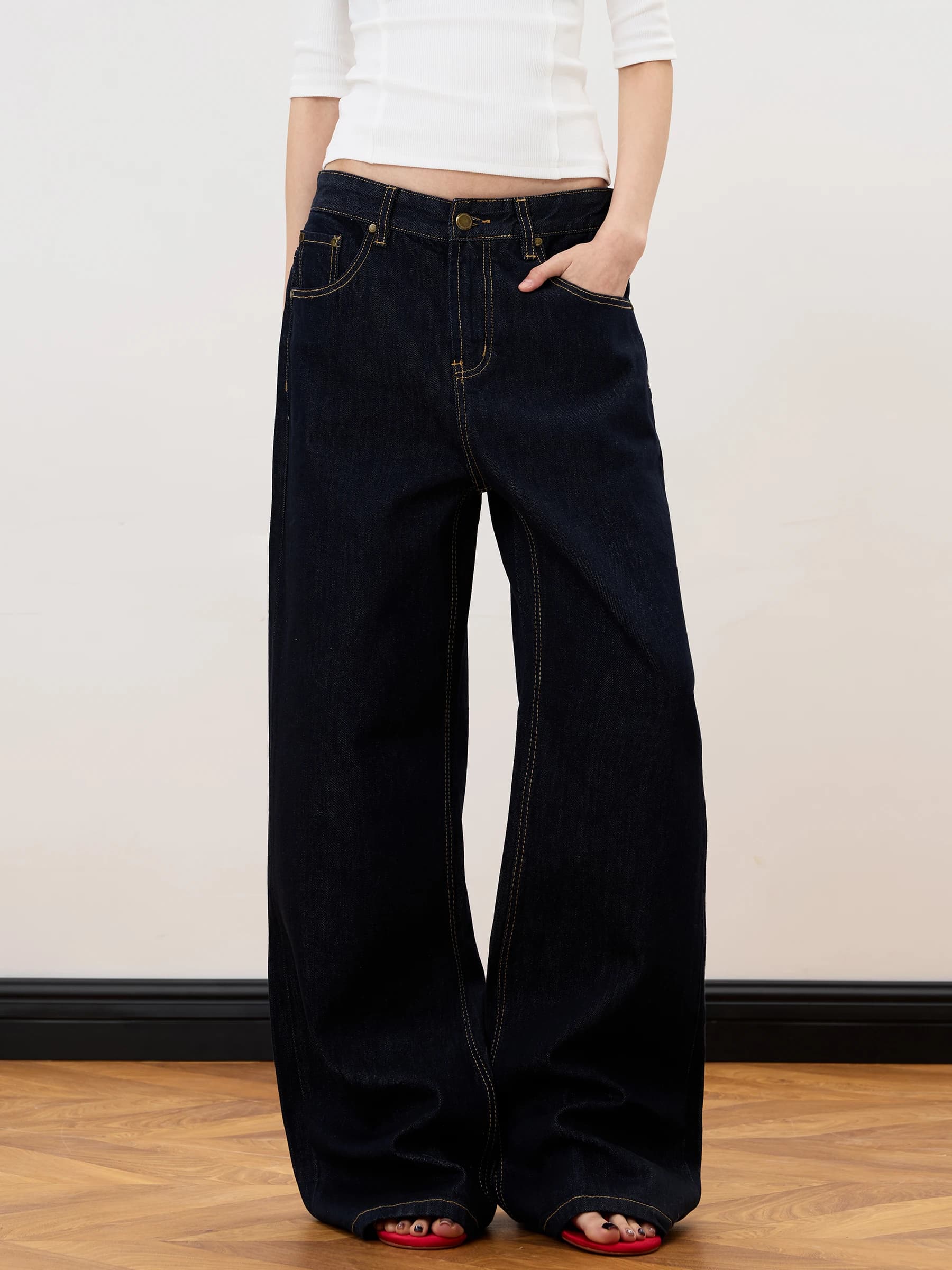 JUNECUT American Retro Patchwork Original Color Jeans Loose Straight Casual Commute Versatile Long Pants Ladies Jeans