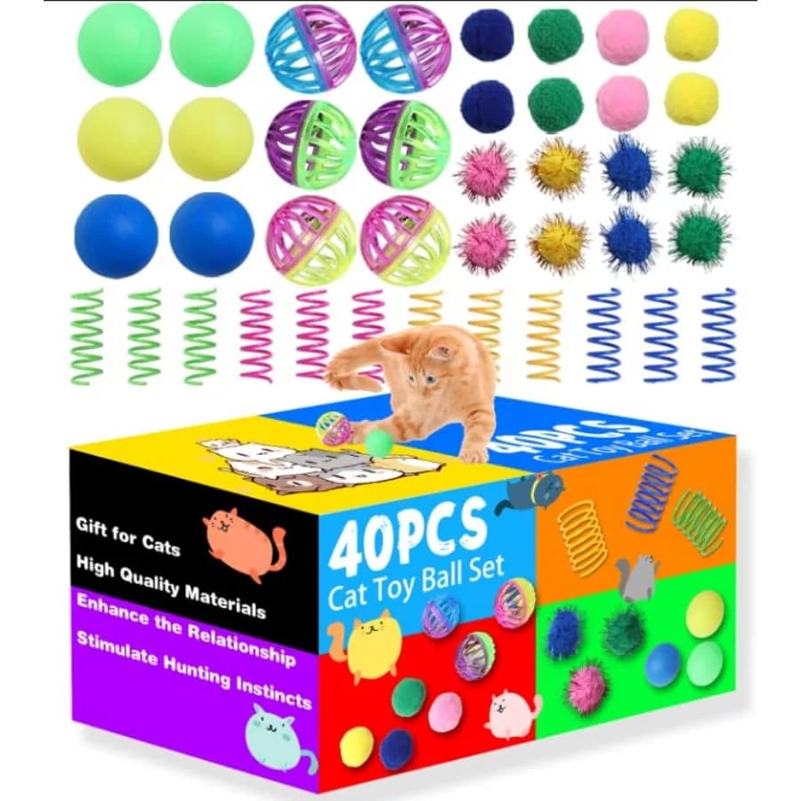 Cat Toys for Indoor Cats 40 PCS Kitten Toys Cat Interactive Toys Pack Including Cats Springs Sparkle Ball Pom Pom Ball Jingle B
