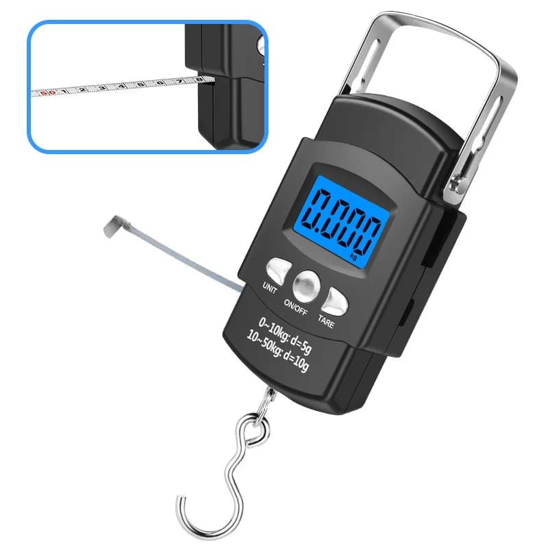 50kg/40kg 10g Bilancia digitale portatile LCD Gancio elettronico Bilancia sospesa Peso dei bagagli con nastro di misurazione retrattile da 100 cm