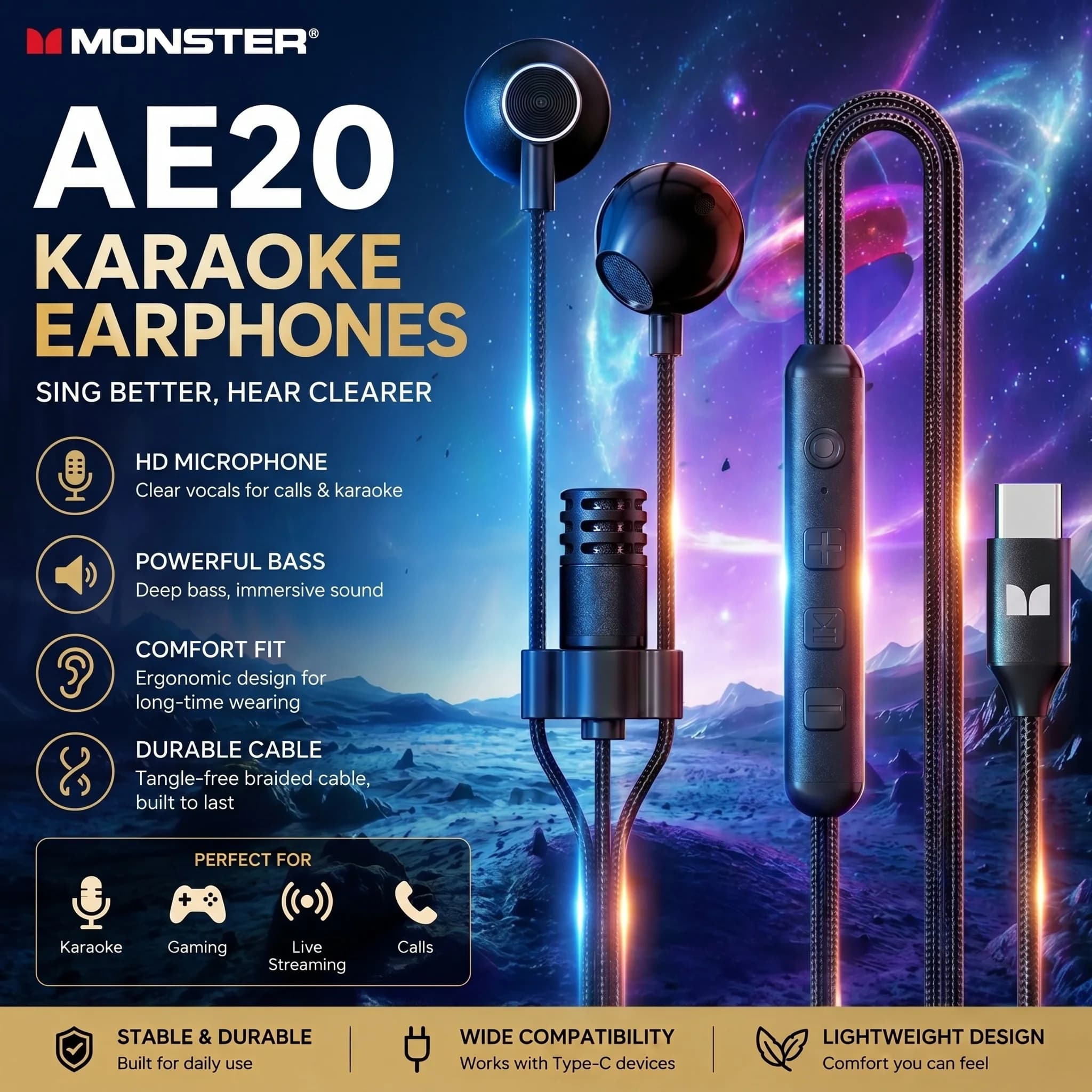 Monster AirStar AE20 Live Streaming Earphone 1.5m Wired Headset with Real-time Ear Monitoring for Singing Live Streaming Gaming