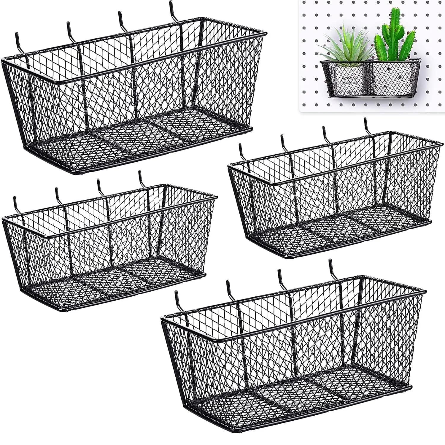 Set of 4 Black Baskets for Drilled Panel, Metal Organizer for Workshop Accessories in 2 Measures