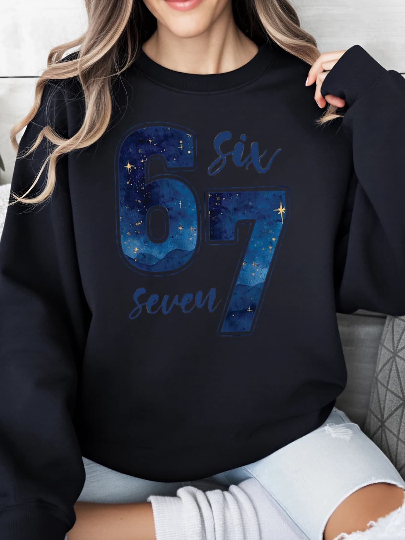 Felpa natalizia con stampa Galaxy Number Six Seven Abbigliamento casual da donna Completo da vacanza Nero Taglie forti