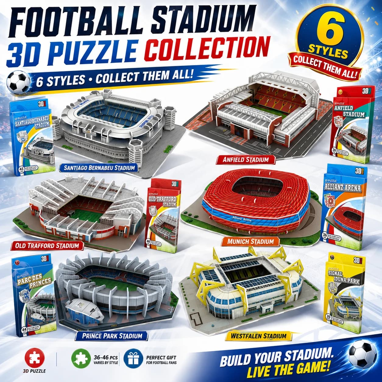 Serie di Puzzle 3D di Stadi di Calcio, 6 Stili: Bernabeu, Anfield, Old Trafford, Monaco, Prince Park, Westfalen, Modellini Giocattolo