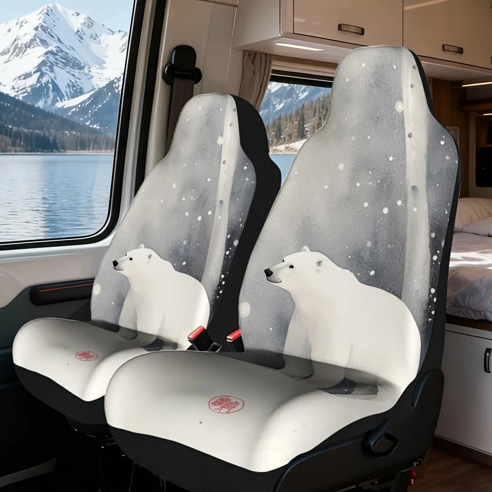 Set of 2 car seat covers, polar bear print in snow, fashionable seat covers for vehicles. Suitable for Tours and Daily Tours