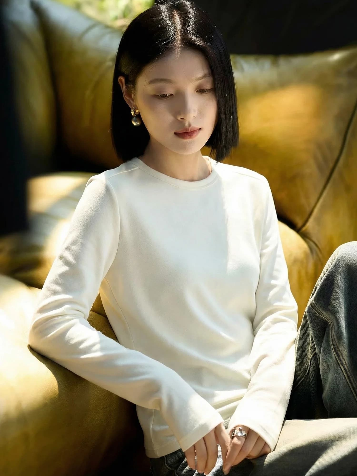 T-shirt in cashmere a maniche lunghe bianco semplice Chivirin Premium da donna, girocollo, stile basic versatile, primaverile, effetto snellente