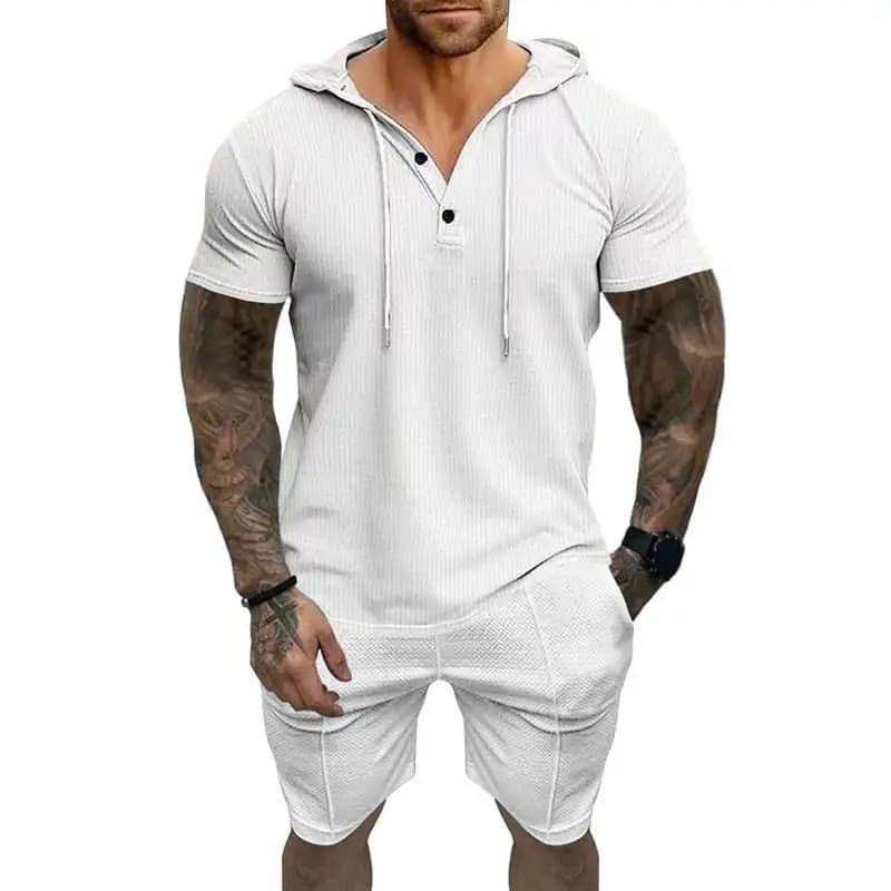 Nuovo Completo Estivo da Uomo Casual: T-Shirt a Maniche Corte con Cappuccio e Pantaloncini, Maglietta Henry, Comodo, Traspirante, Leggero, in Misto Cotone