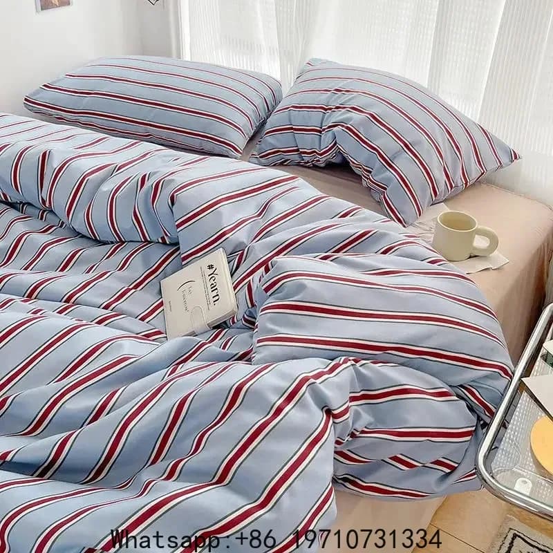 Set di Biancheria da Letto in Puro Cotone Stile Semplice, Copripiumino a Righe Blu, Lenzuolo e Federe, Set di Biancheria da Letto Stile Ins
