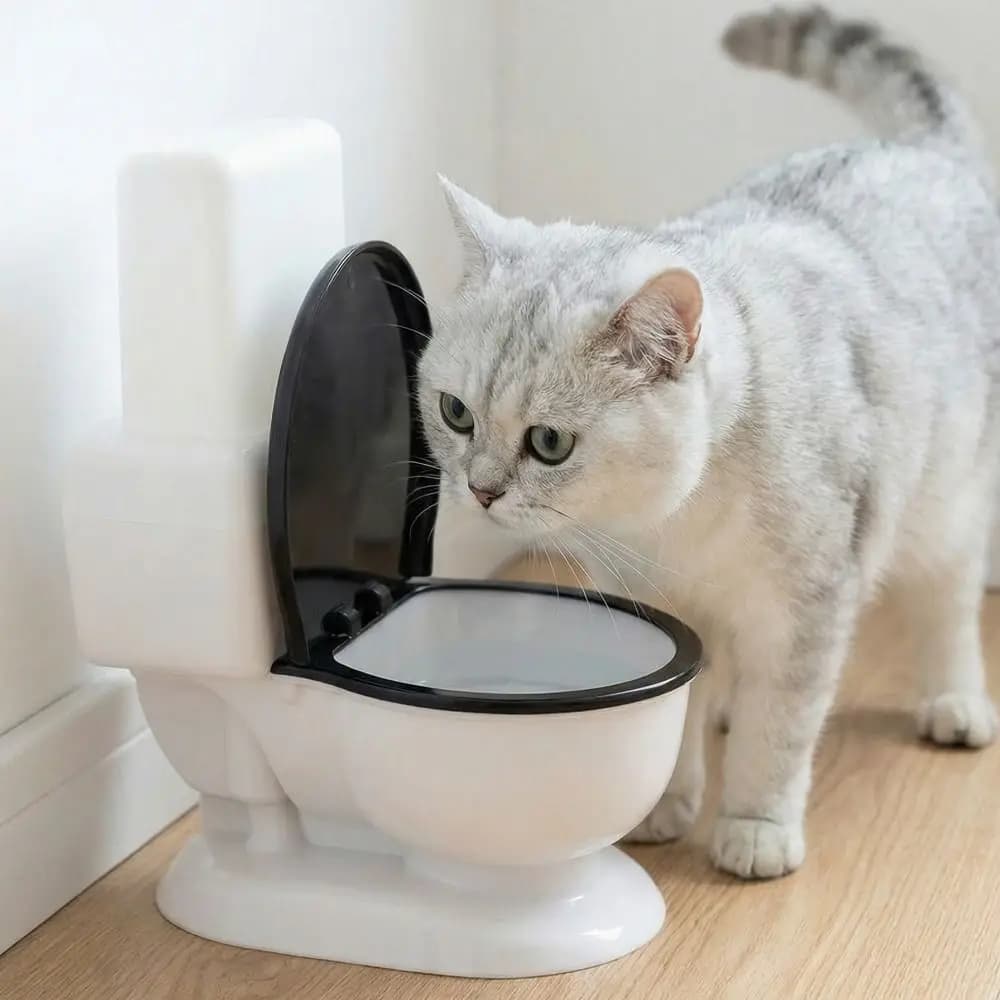 Dispenser d'Acqua per Animali Domestici a Forma di WC 650 ML, Ciotola per Cibo Simulazione WC, Staccabile con Coperchio, Ciotola per Acqua per Gatti