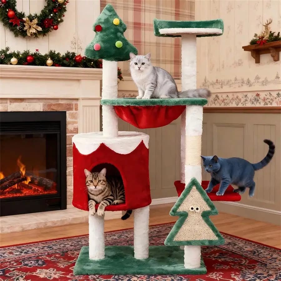 Albero per gatti 43 pollici - Arredamento per gatti per feste natalizie con struttura da arrampicata, posti per grattare, cuccia in peluche e casetta, rivestito in sisal per interni