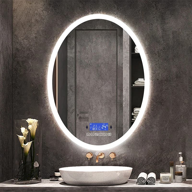Specchio per il trucco a LED ovale intelligente per bagno con altoparlante Bluetooth con specchi di bellezza antiappannamento a induzione del corpo umano a tre colori