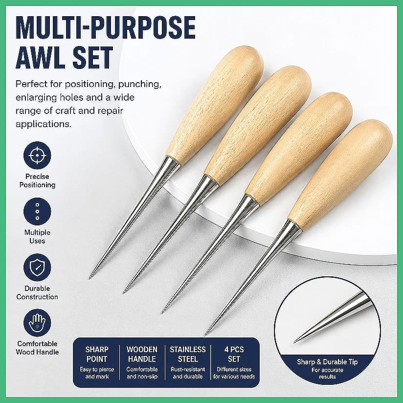 Solid Wood Handle Awl Punch Needle Stainless Steel Large Coarse Leather Hole Puncher DIY Shoe Repair Tool