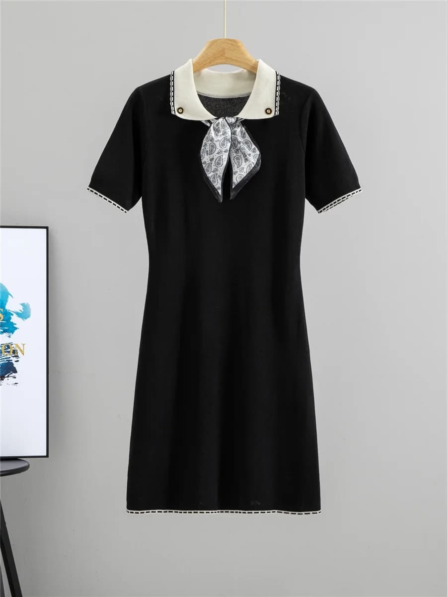 Nuovo Abito Estivo in Maglia con Colletto in Seta, Maniche Corte, Vita Alta, Linea A, Lunghezza Midi, Comodo ed Elastico