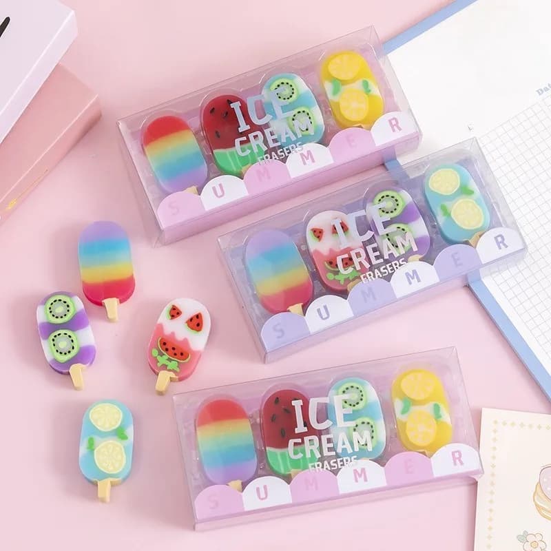 4pcs/pack Yummy Dessert Erasers Set Mini Fruit Icecream Popsicle Rubber Pencil Eraser for Kids School Students Random Color