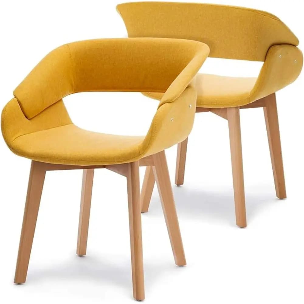 Pair of Yellow Upholstered Dining Chairs with Fabric Cushion and Wooden Legs for Kitchen, Dining Room, or Restaurant Use