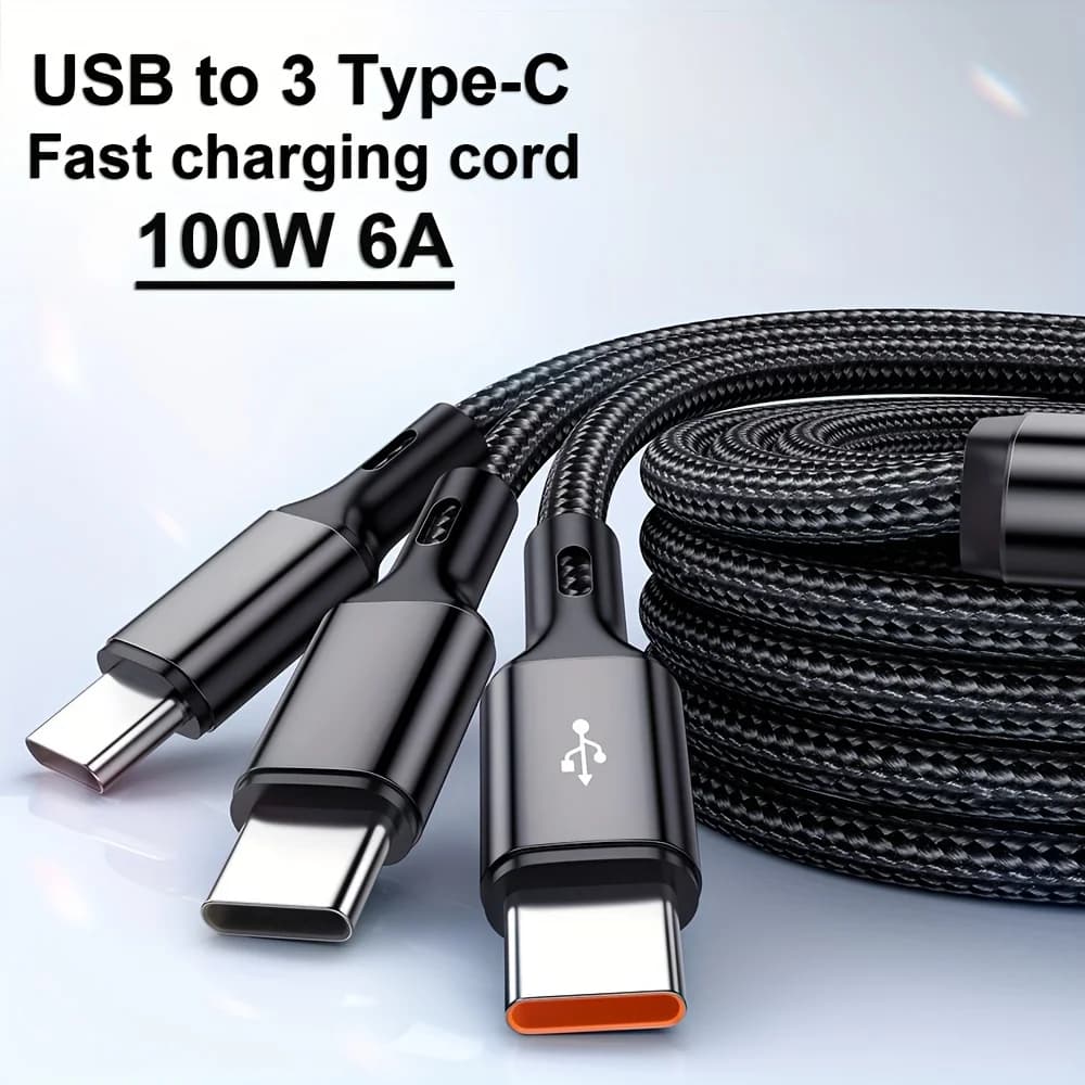 Cavo USB 3 in 1 6A da USB a Type-C, 100W, ricarica super rapida, per Samsung, Xiaomi, Huawei, telefoni Android, cavo dati USB-C con ricarica rapida.