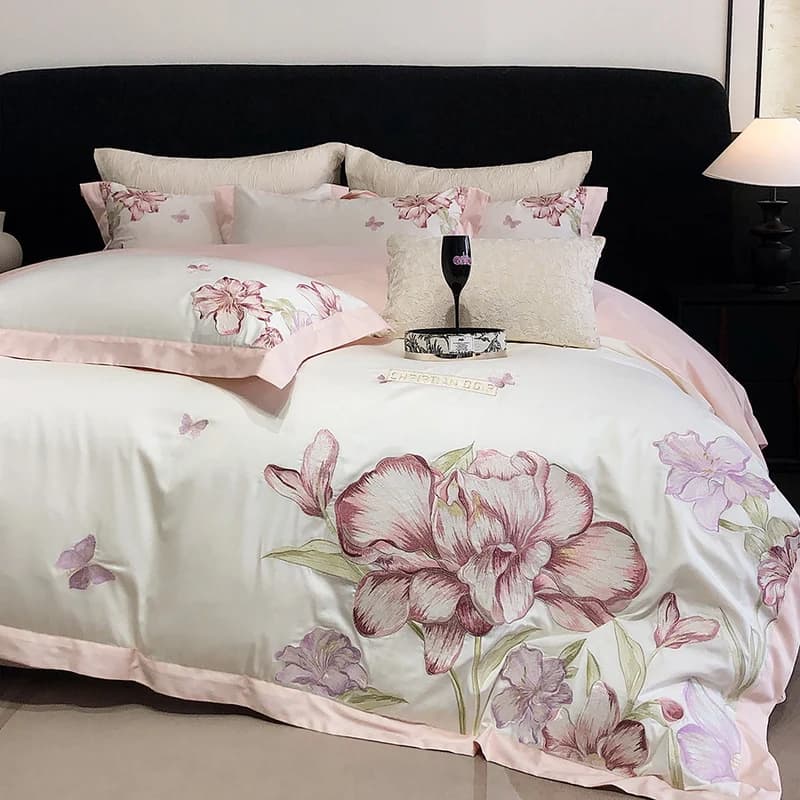 Set of bed linen with flower embroidery Flowering flowers Set Egyptian cotton duvet 600TC Sheets/Lenzuolo with corners Faithful Queen King Size