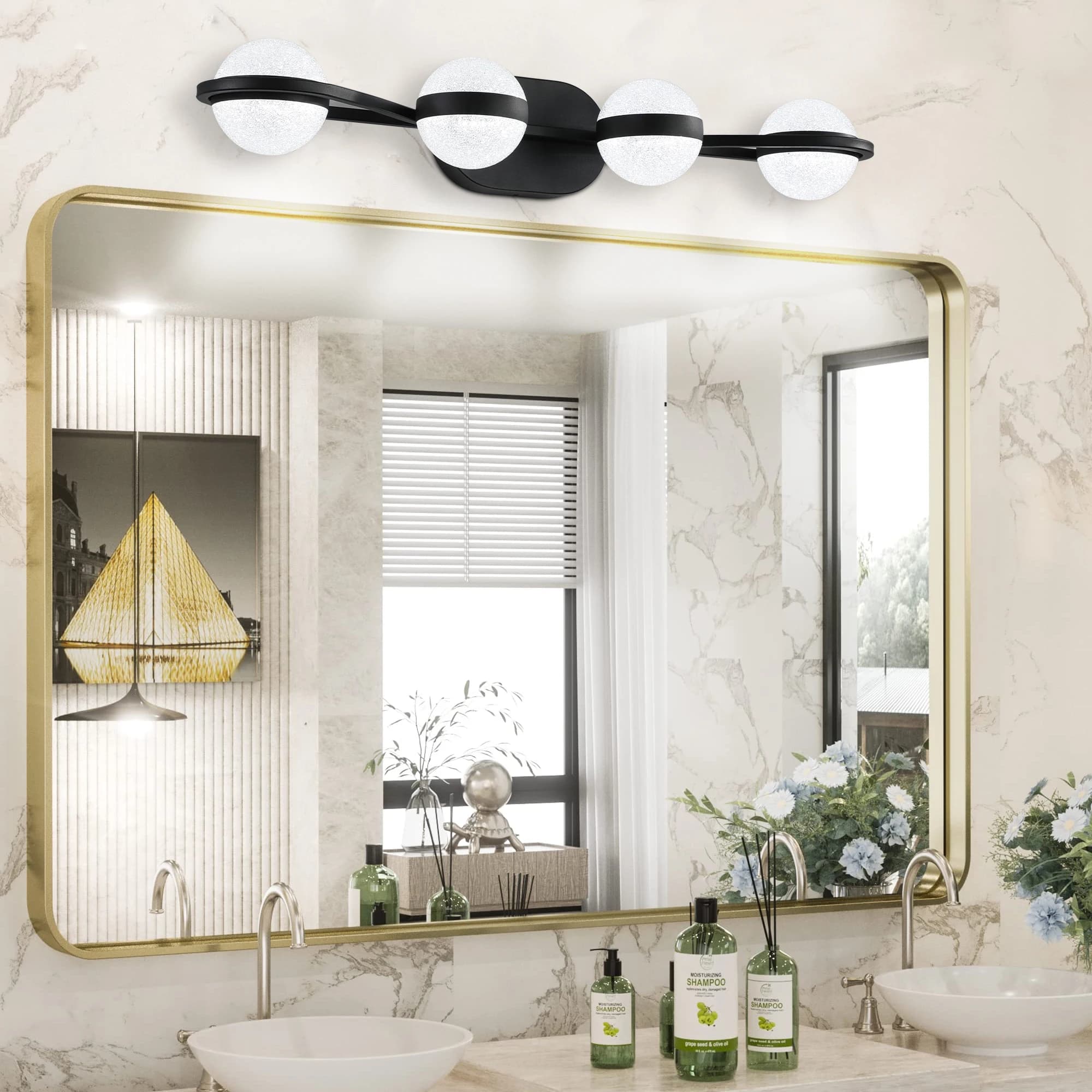 L002001-W4B/G Paralume in sabbia di cristallo Luce frontale a specchio, antiruggine e impermeabile, adatto per lavabo da bagno, sorgente luminosa a LED, dimmerabile, cavo rigido, stile semplice