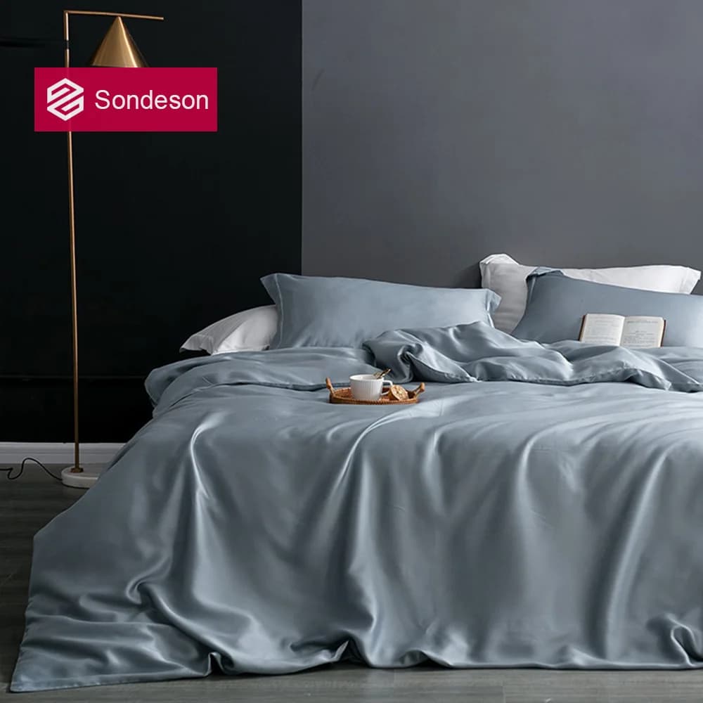 Sondeson Nature Set biancheria da letto in seta 100% Pelle sana Bellezza Queen King Blu Grigio Set copripiumino Lenzuolo piatto Federa Biancheria da letto