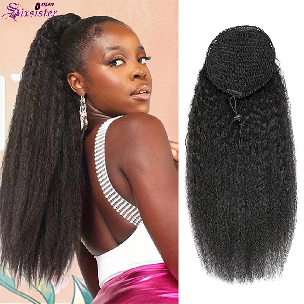 Extension per coda di cavallo Kinky Straight, 100% capelli umani, con laccetto, Remy brasiliano, con clip, colore naturale 1B, per donna