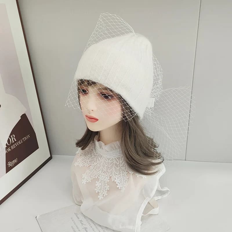 Hat Veil Women Winter Angora Knit Beanie Black White Warm Accessory For Cold Weather Autumn Sports Skiing Outdoor Party