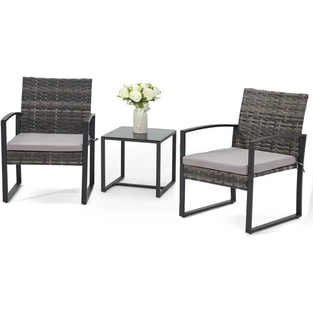 3 piece garden furniture set with rattan bistro table and upholstered chairs for garden, balcony, poolside, courtyard