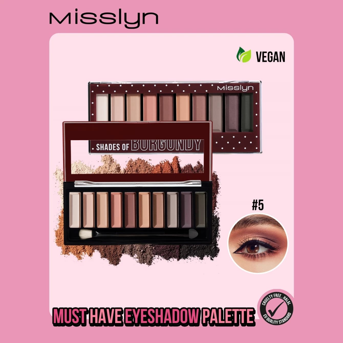 Palette di ombretti Misslyn Essential, tonalità opache e brillanti ad alta pigmentazione, a lunga durata, texture in polvere sfumabile, include pennello