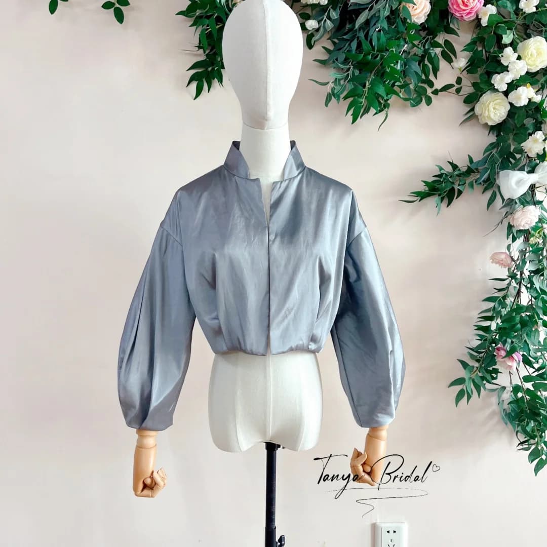Gray Taffeta Stand Neck Jacket Short Bolero Women's Puffy Sleeve Top for Party Evening Outfit Lady's Stylish Ensemble