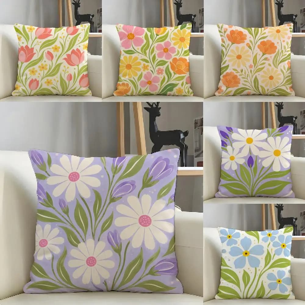 Vibrant Floral Pattern Cushion Cover Natural Linen Pillow Case Organic Fabric Double Sided Print Sofa Home Decor Gift