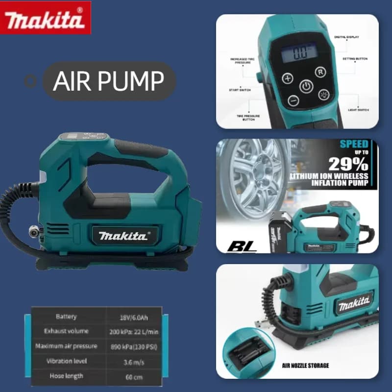 ⭐️ Compressore d'Aria Portatile Originale Makita DMP180 18V Senza Fili, 121 PSI, per Auto e Biciclette, Compatto e Leggero