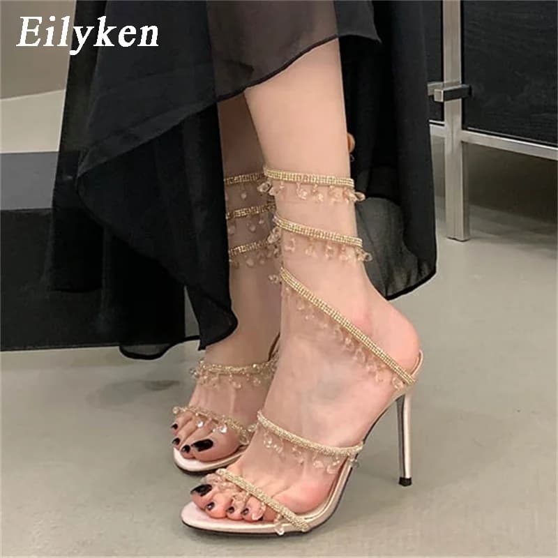 Eilyken Nuovi Sandali Sexy da Donna con Tacco Alto Sottile, Ciondolo in Cristallo e Diamanti, Stile Street con Cinturino alla Caviglia, Scarpe da Banchetto e Cerimonia