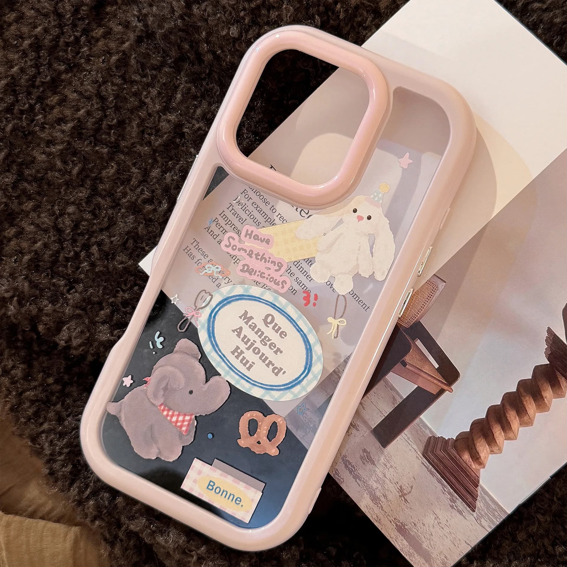 Korean Cartoon Bunny Elephant Doll Pattern Phone Case For iPhone Air 11 12 13 14 15 16 17 Pro Max XS XR X Clear Shockproof Cover