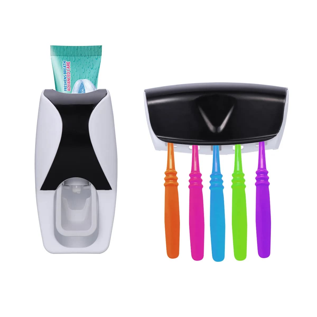 Dispenser Spremi Dentifricio Nero Neutro, Set Porta Spazzolini, Pompa Automatica per Bagno, Kit Salva Tubetto Senza Sprechi