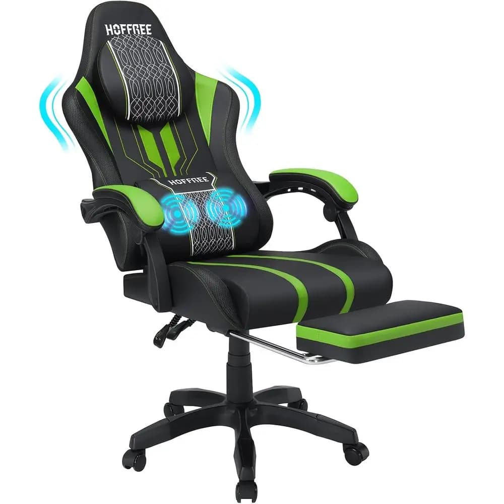 Massaging Big & Tall Gaming Chair for Adults - 400lb Capacity, Reclining, Green & Black