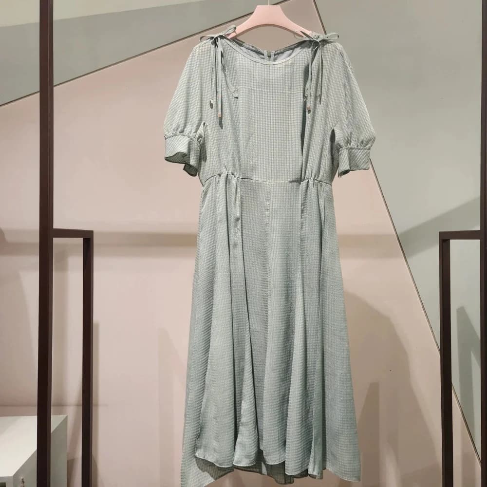 Long Uneven Commute Dress round Neck Button Elastic Waist Skirt Korean Style Short Sleeve Floral Embroidery Maxi Dress