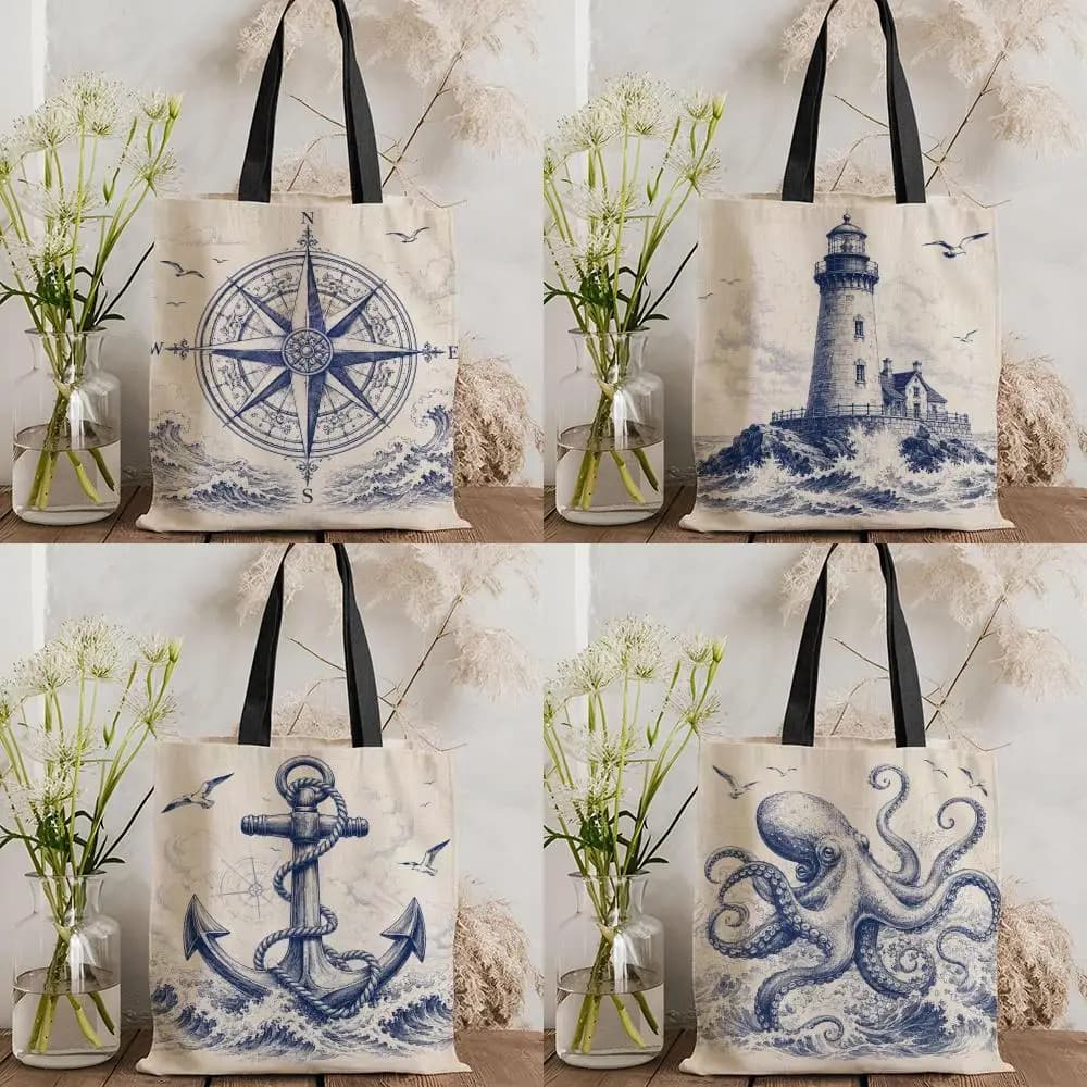 marine element Storage Bags Canvas Double-Sided Print Fashion Shoulder Tote Shopping Bag Gift Eco Handbags