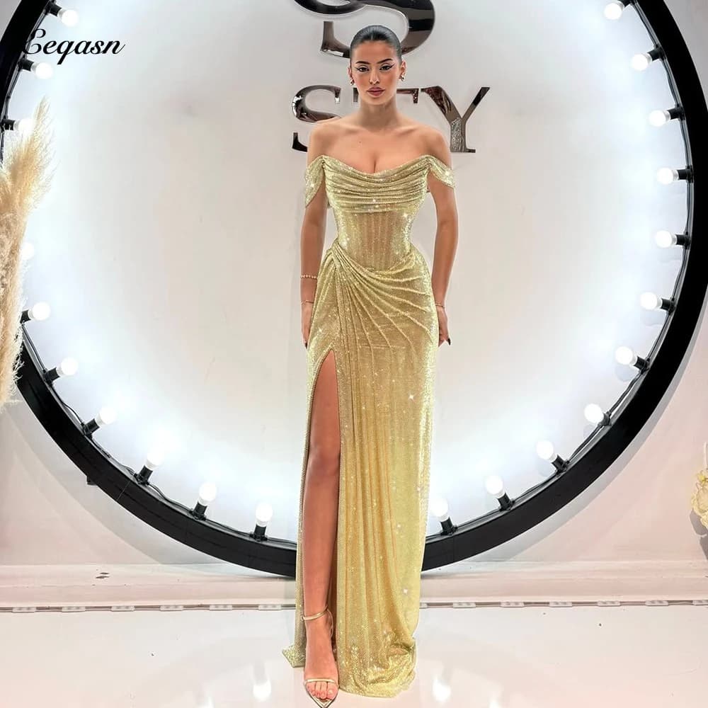 Sparkle Gold Evening Dresses Strapless Mermaid Side Slit Prom Gowns Elegant Formal Occaison Dress Gala 2026 Customized