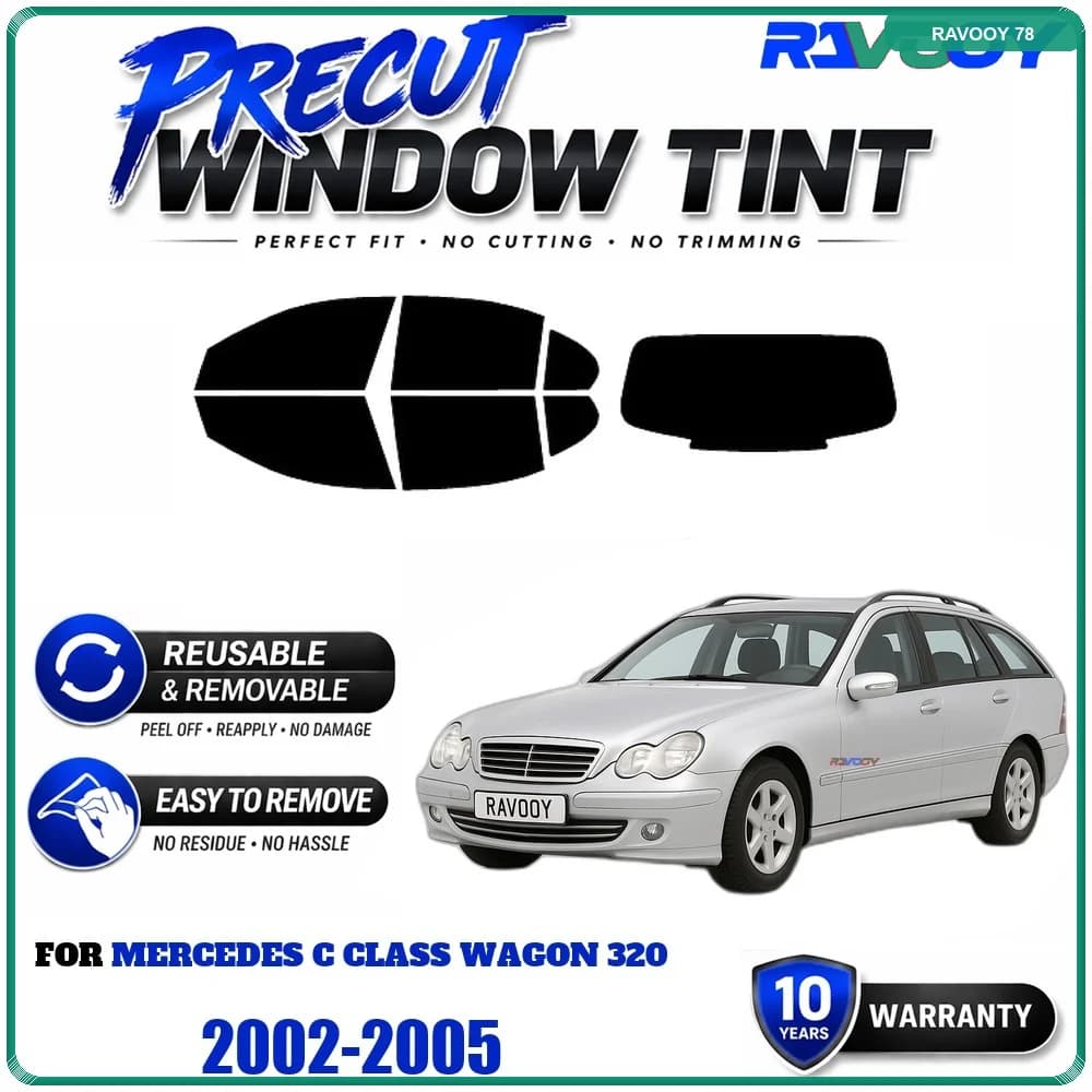RAVOOY Precut Window Tint, Reusable Removable EPU Film, Custom Fit for Mercedes C Class Wagon 320 2002-2005, UV Heat Protection