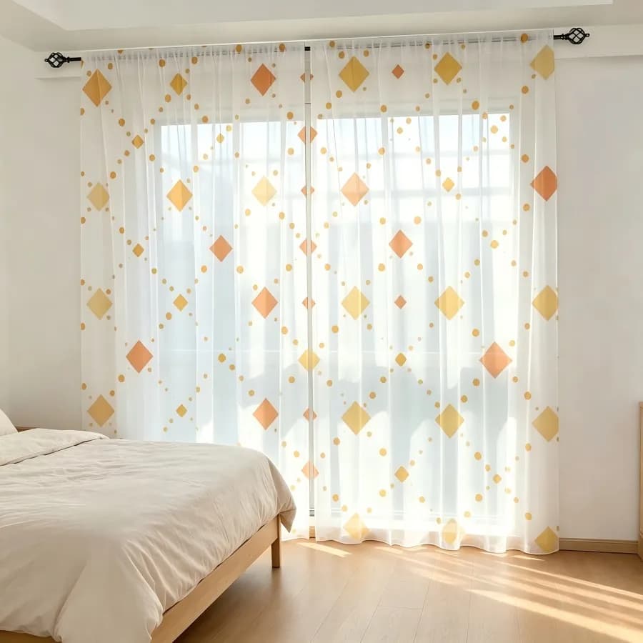 2PCS Digital Print Sheer Curtain, Gold Orange Diamond Geometric Shape Window Drapes for Living Room Bedroom Home Decor