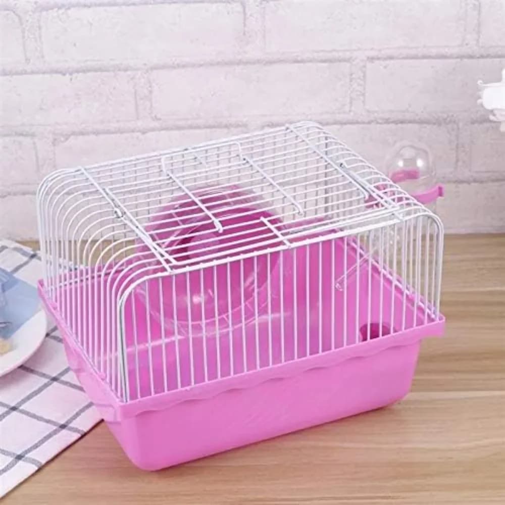 Gabbia per criceti per animali domestici con ruota da corsa Bottiglia d'acqua Alimenti Portaoggetti portatile Mouse Habitat domestico per uscire, viaggiare (Rosa)
