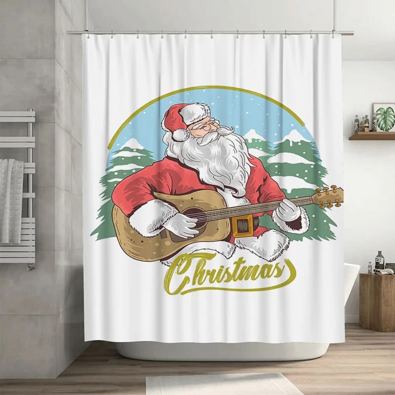 Tuniu Festivo Babbo Natale che suona la chitarra Tenda da doccia per bagno di Natale Decorazioni per le vacanze carine Sfondo natalizio divertente Fabri impermeabile