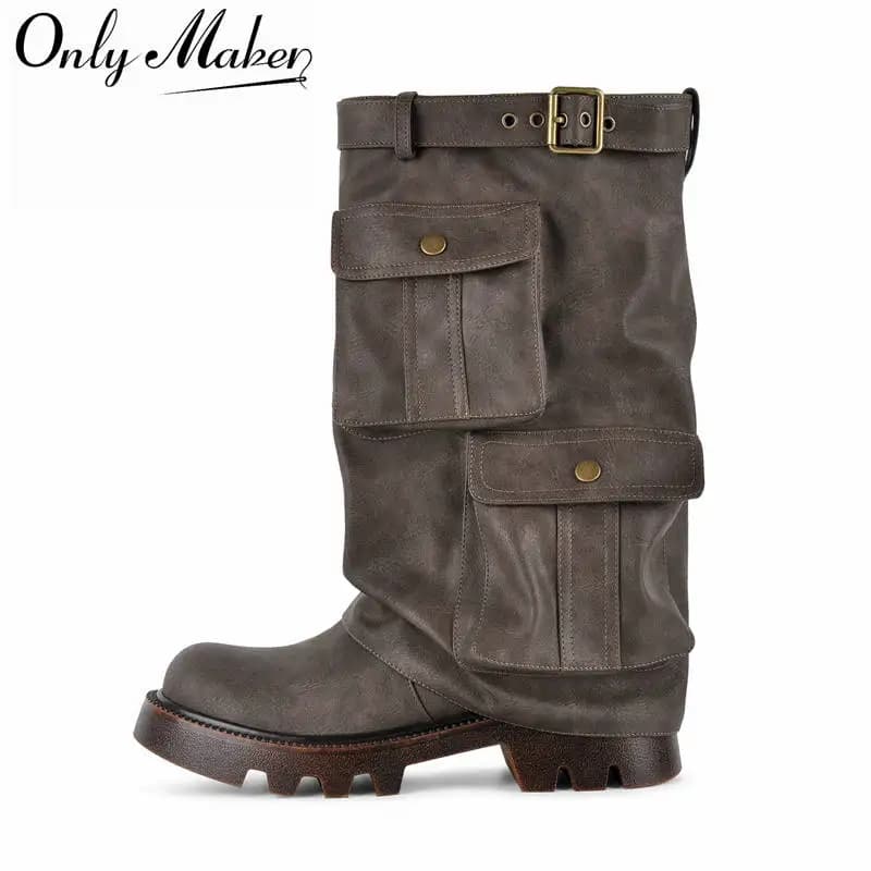 Onlymaker Vintage Dark Brown Cargo Knee High Boots Buckle Top Strap Round Toe Chunky Sole Faux Leather Combat Boots