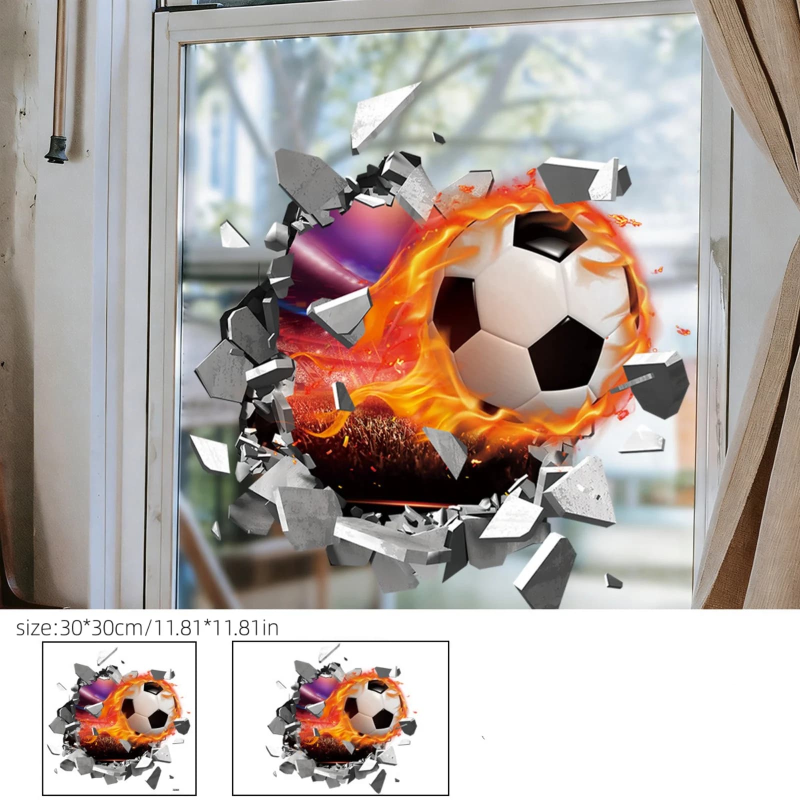 Adesivo da parete effetto 3D 30*30cm con immagine di un pallone da calcio rotto, adesivi da parete a tema calcio, decorazione da parete per la cameretta dei ragazzi