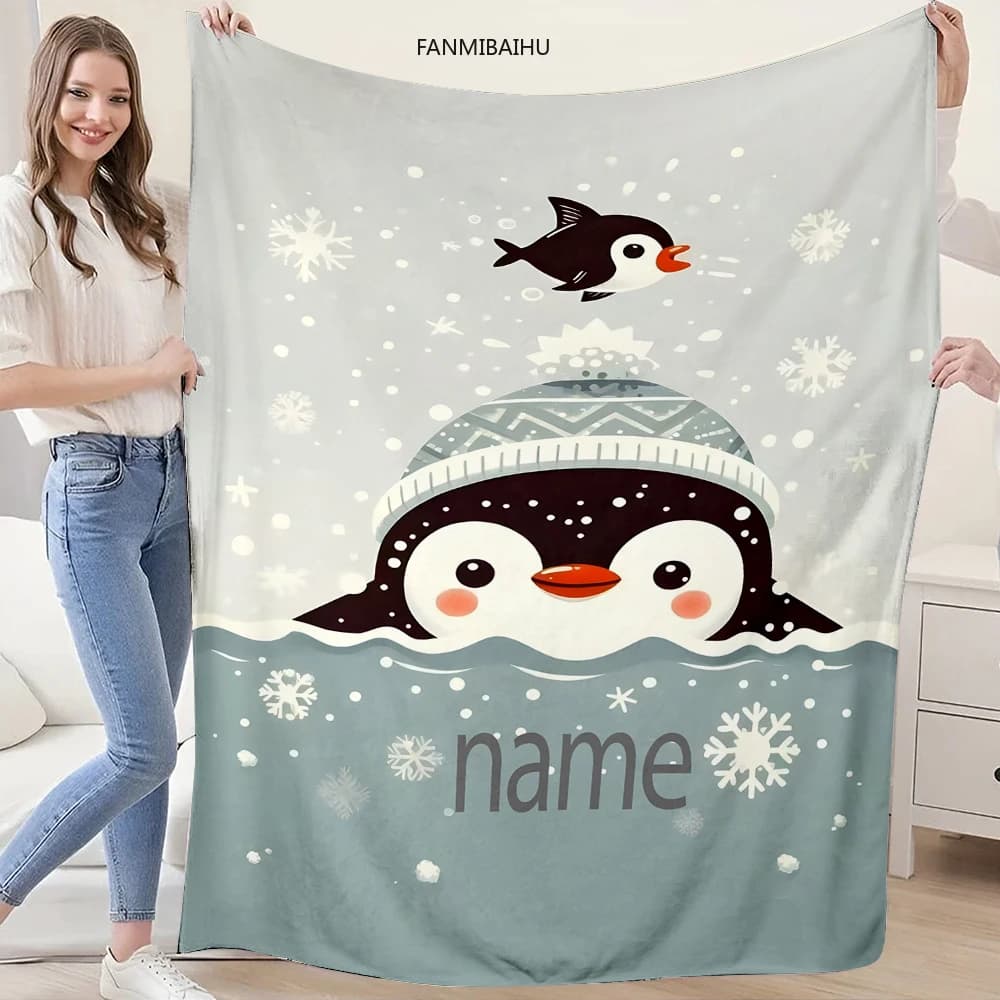 Personalized Penguin Flannel Throw Blanket - Soft All-Season Coverlet with Cute Cartoon Penguin and Snowflake Design, Machine Wa